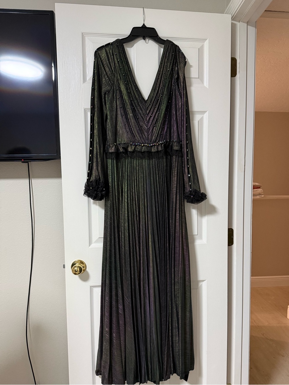 Marchesa Notte Black with Iridescent Green-Purple Beaded Gown